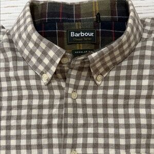 Barbour XL Gingham Flannel Button Down Shirt Regular Fit Beige Grey
